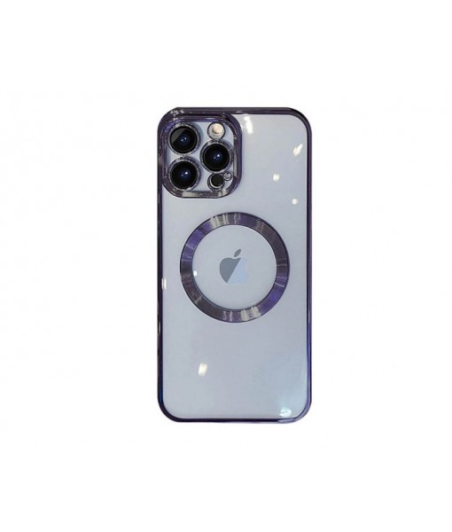 Husa iPhone 14 Plus, MagSafe Electro, Spate Transparent, Rama Mov
